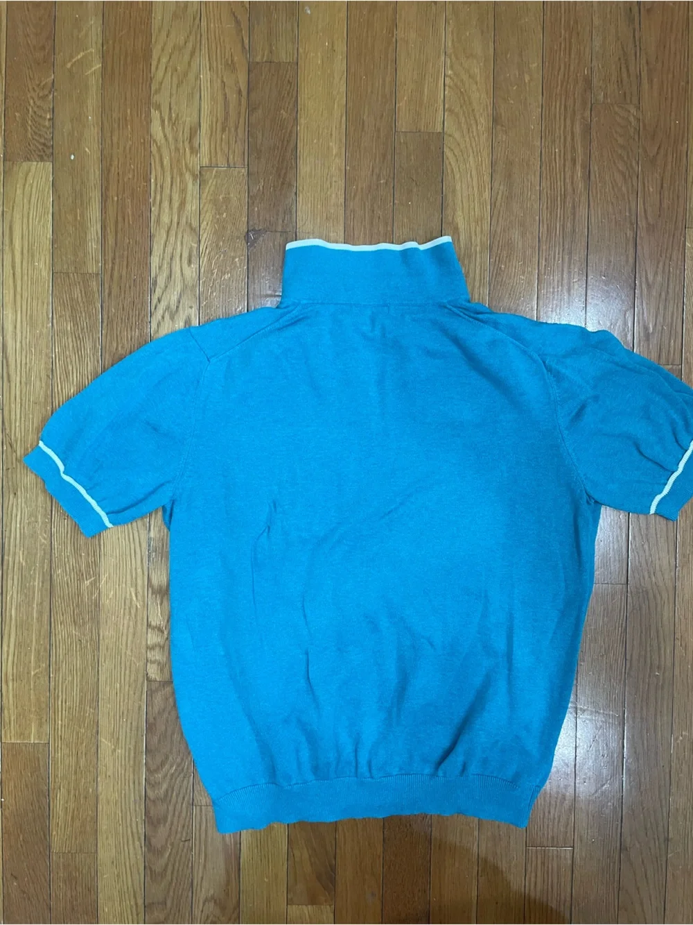 Paul Fredrick Teal Short-Sleeve V-Neck Sweater with White Trim size L